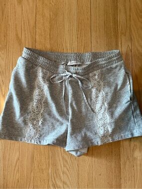 Milly Light Gray Lace-Trim Drawstring Athletic Shorts
